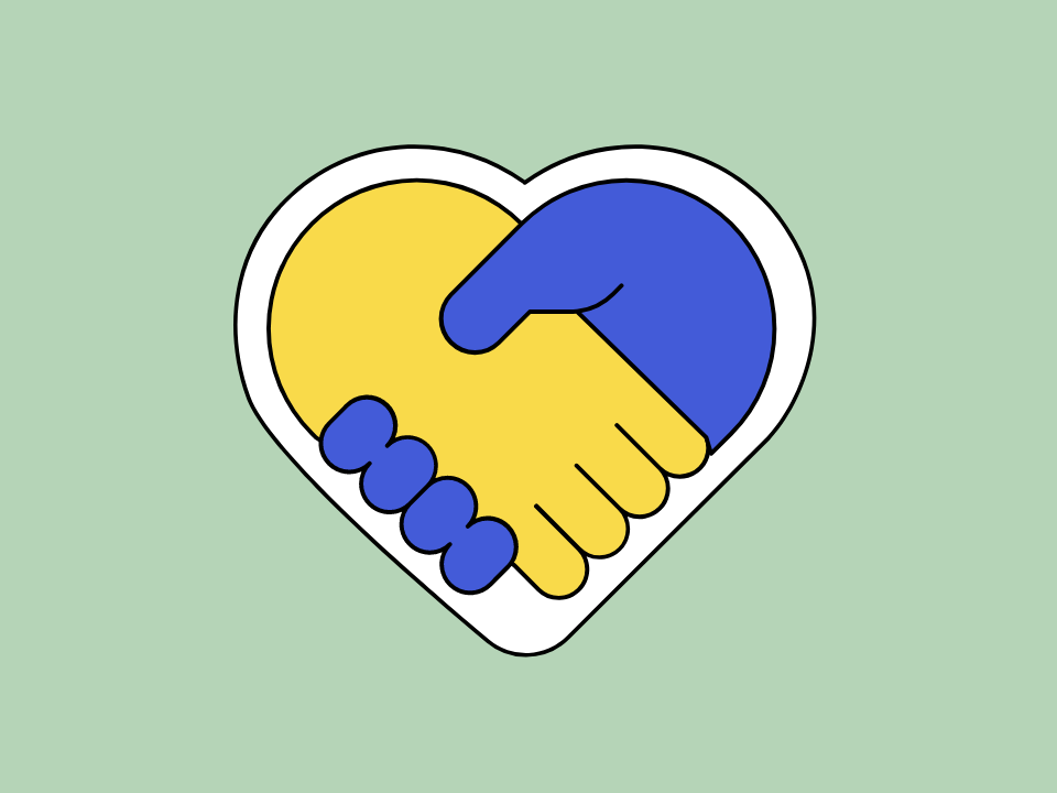 Zwei stilisierte Hände in den Landesfarben Blau und Gelb greifen begrüßend ineinander zum Handschlag