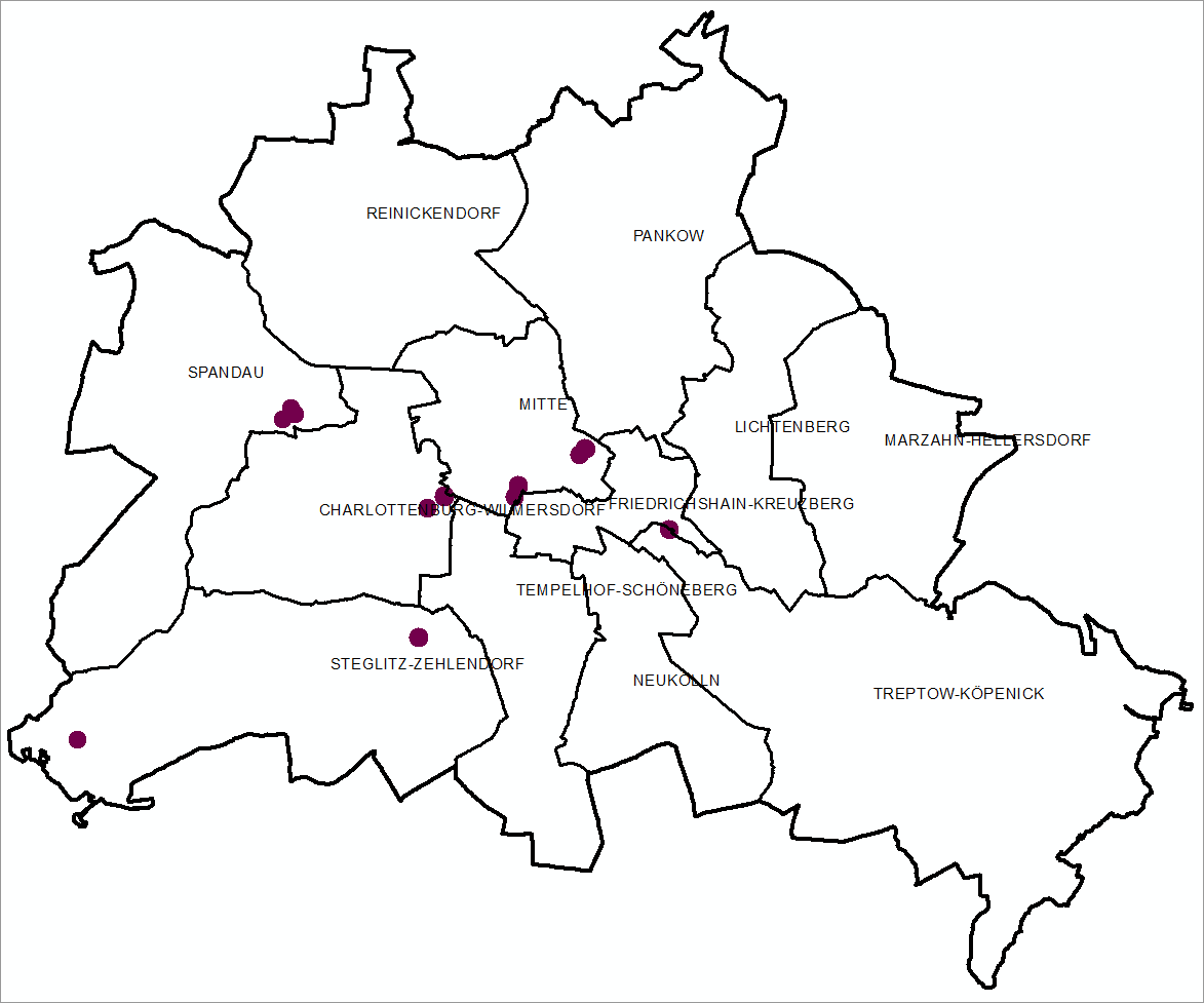 Enlarge photo: Fig. 6: Location of completed buildings and structures with a minimum height of 100 m in Berlin, displaying core areas only, due to scale (as of April 7, 2022)