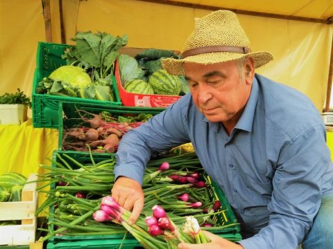 Ein Mann kniet vor gefüllten Gemüsekisten. Der Mann trägt ein blaues langärmeliges Hemd und eine Jeans. Er hat einen gelochtenen Strohhut auf. Er hält Frühlingszwiebeln in der Hand. 