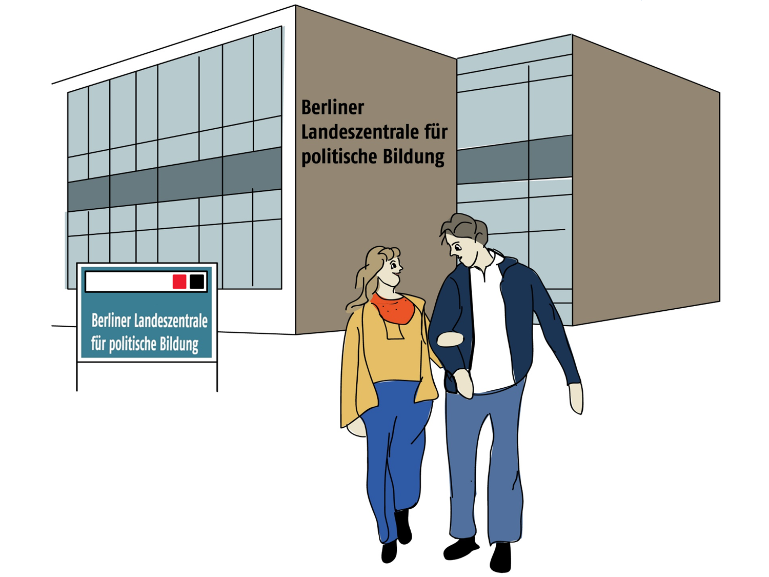 Frau und Mann verlassen ein Haus mit der Aufschrift "Berliner Landeszentrale für politische Bildung" während sie sich angeregt unterhalten | Daneben das Symbol des Alpha-Siegels