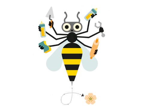 Bildvergrößerung: Grafik von einer Arbeiter-Biene, die von einer Blume kommt mit Stillflaschen, Spachtel, Putzschwamm, Nudelholz und Schraubenschlüssel in den Händen.