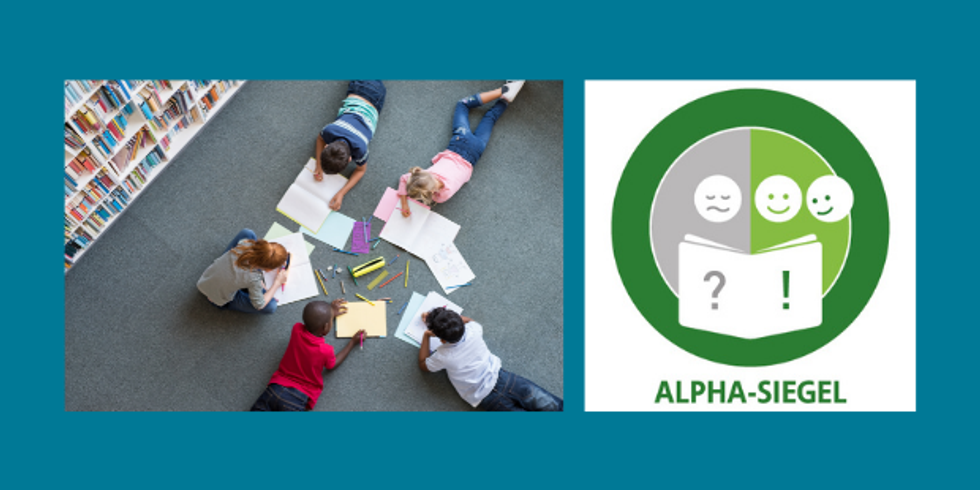 Kinder auf Fußboden und Alpha-Siegel