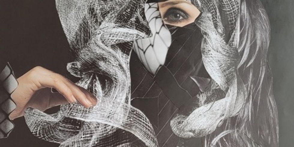 Collage schwarz weiß mit Auge und Hand einer Frau