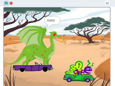 Screenshot von mit Scratch animierten Tieren in Savanne