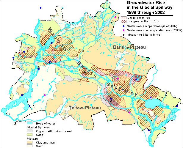 Fig. 8: Groundwater Rise in the Glacial Spillway between 1989 and 2002. 