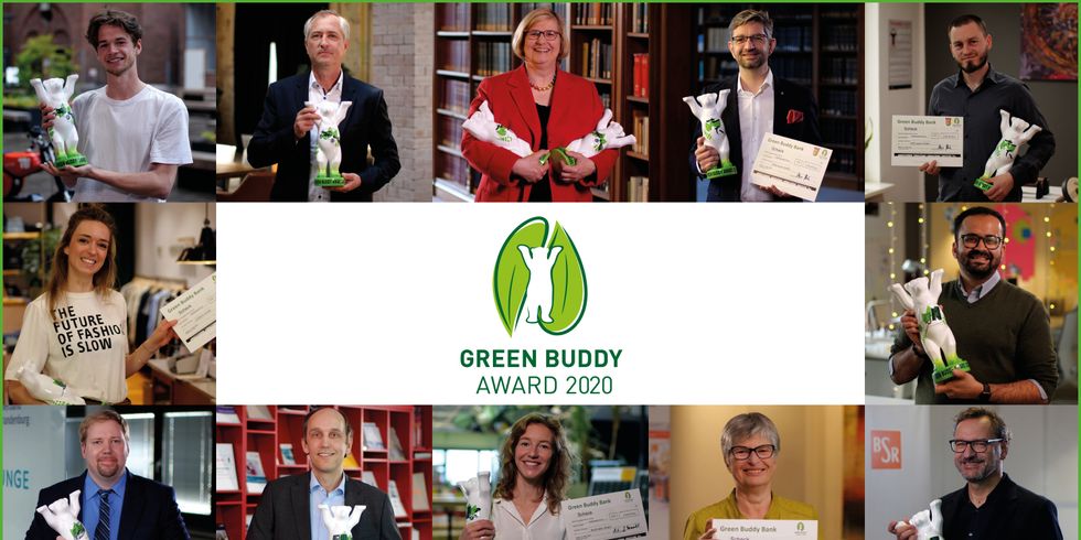 Das Logo des Green Buddy Awards 2020 ist umgeben von den Gewinner_innen und Kooperationspartnerinnen.