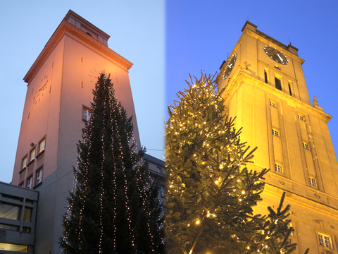 Bildvergrößerung: Ein Zusammenschnitt aus zwei Bildern. Sowohl links als auch rechts ist vor einem Gebäude mit Uhrenturm ein beleuchteter Nadelbaum.