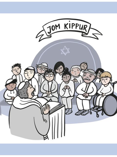 Mehrere Menschen sitzen auf Bänken vor einem Rabbiner und beten. Darüber steht Jom Kippur.