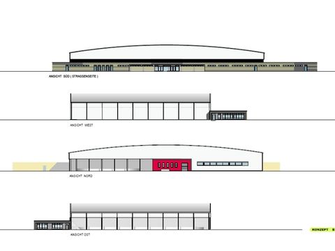 Konzept Ansichten des Neubaus der Eissporthalle in der Glockenturmstraße 14