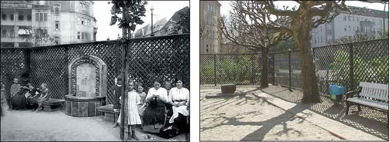 Fotovergleich historisch und heute - Der Brunnen auf dem Mierendorffplatz existiert nicht mehr, das Spalier ist heute aus Metall