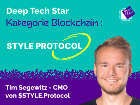 Tim Segewitz von StyleProtocol auf lila/türkisem Hintergrund und der Aufschrift: Deep Tech Star Kategorie Blockchain