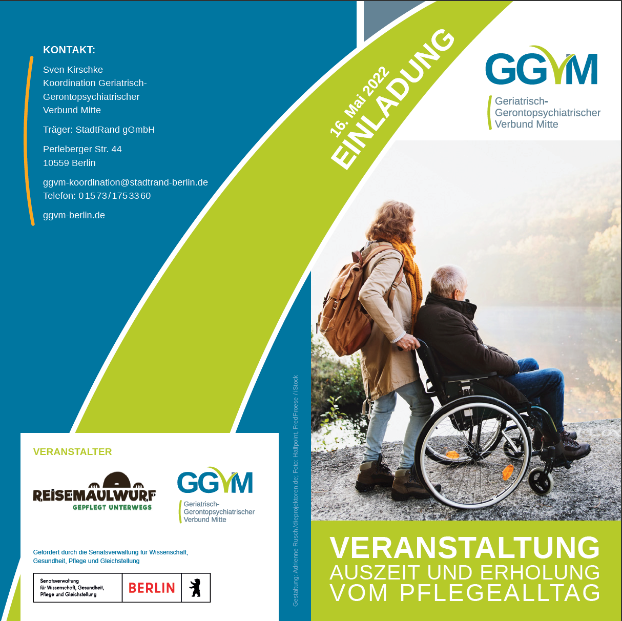 Flyer zur Veranstaltung eine ältere Frau schiebt einen Rollstuhlfahrer eine Straße an einem Bergsee entlang