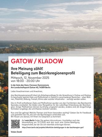 Plakat zur Beteiligungsveranstaltung zum Bezirksregionenprofil Gatow / Kladow am 12.11.25