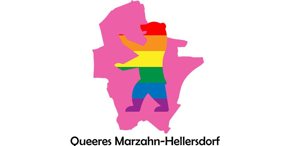 Karte vom Bezirk Marzahn-Hellersdorf mit einem Berliner Bären in Regenbogenfarbe