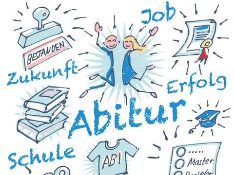 Illustration mit Strichmännchen und den Worten Abitur, Job, Zukunft, Erfolg, Schule, Berufsstart und Hochschule