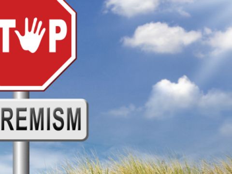 Stopschild mit Hand mit weiterem Schild Extremism vor einer Landschaft