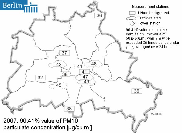 Fig. 12: 90.41 % value of particulate concentration PM10 [µg/cu.m.] in 2007 at the measurement stations of the BLUME measurement network
