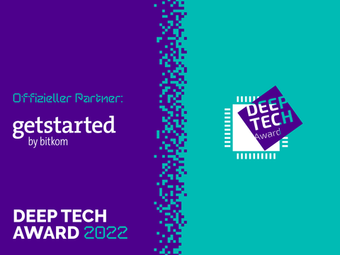 get started by bitkom Logo auf türkis-lila Hintergrund neben dem Deep Tech Award Logo