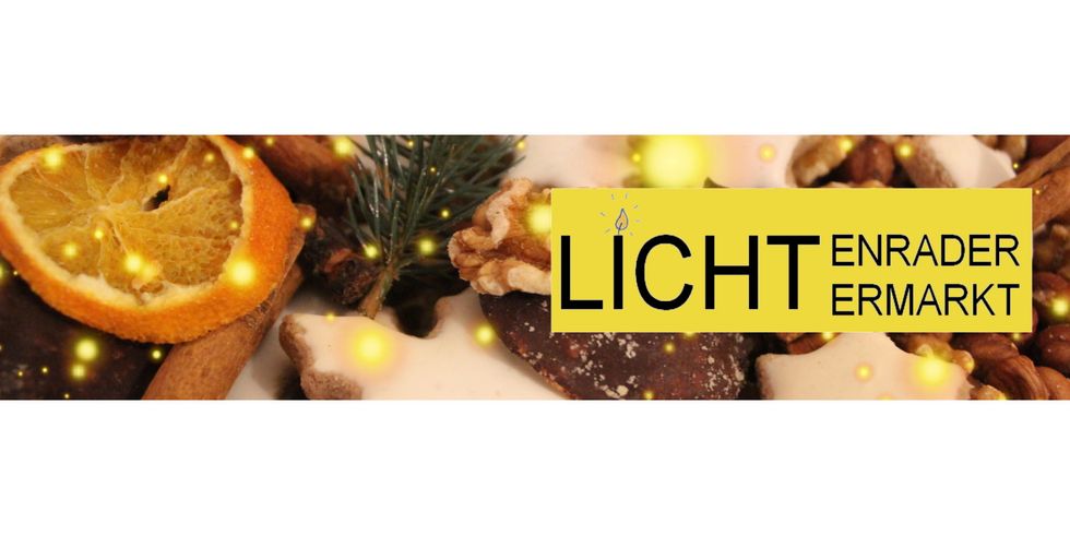 Ein Titelbild mit der Aufschrift Lichtenrader Lichtermarkt; im Hintergrund sind getrocknete Orangen, Wallnüsse, Plätzchen und Tannenzweige zu sehen.
