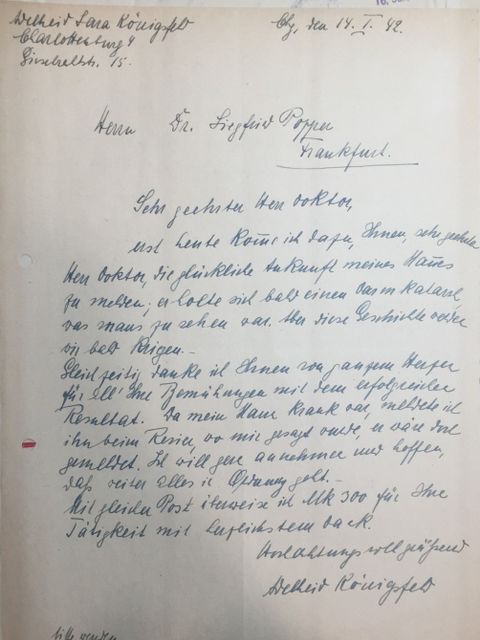 Bildvergrößerung: Dankesschreiben von Adelheid Königsfeld an den Konsulenten Dr. Siegfried Popper (Frankfurt) vom 14. Januar 1942