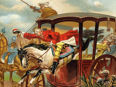 Baron Münchhausen springt mit einem Pferd durch eine Kutsche