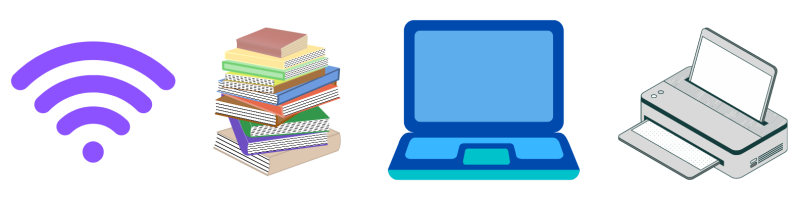 Piktogramme für W-LAN, Bücherstapel, Laptop, Drucker