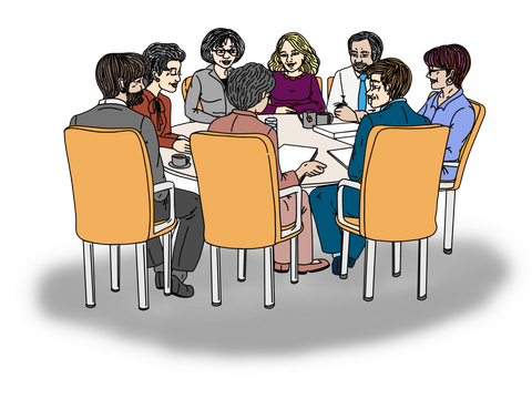 Zeichnung: viele Personen sitzen an einem runden Tisch und beraten