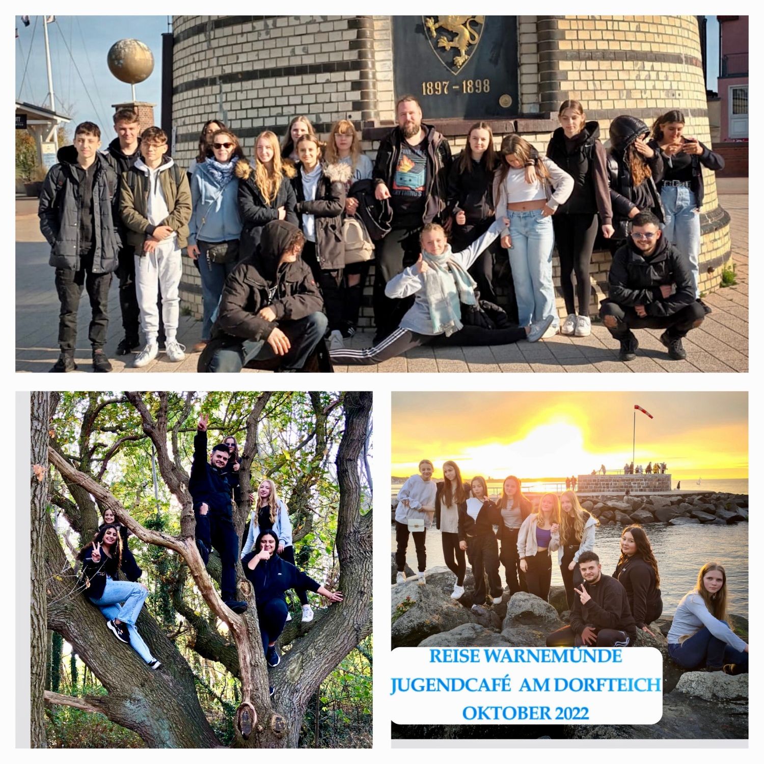 Es ist eine Collage der Reise nach Warnemünde zu sehen. Auf allen drei Bildern sind Jugendliche und Mitarbeiter_innen zu sehen.