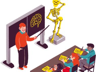Illustration: Ein Lehrer steht an der Tafel und unterrichtet drei lernende Personen, welche am Schultisch sitzen. Neben der Tafel steht ein Skelett.