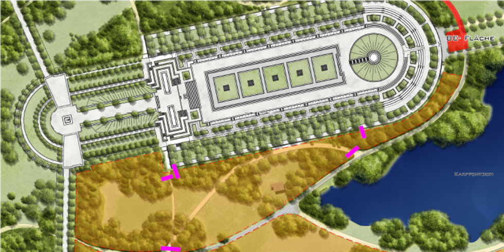 Plan vom Treptower Park mit eingezeichneten Flächen für Baumaßnahme