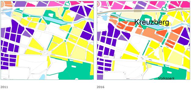 Fig. 3c: Availability development of near-residential public green spaces between 2011 and 2016 - Example 3: Based on increased population numbers, due to, for example, the old hospital grounds “Am Urban” being repurposed for residential use, availability deteriorated by one category in the blocks north of Urbanstraße in the borough of Friedrichshain-Kreuzberg, comparing the years 2011 and 2016.