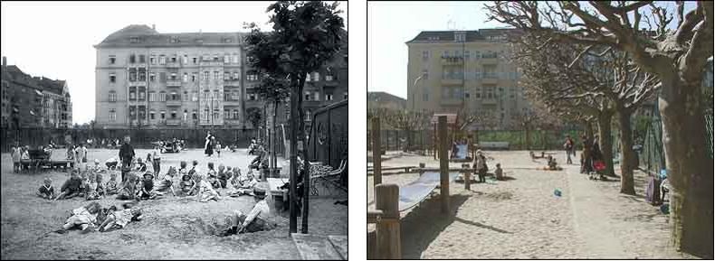 Fotovergleich historisch und heute - Sandspielplatz mit Kindern auf dem Mierendorffplatz