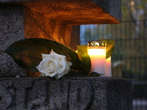 Weiße Rose mit Kerzen auf einem Gedenkstein