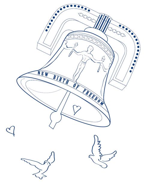Deko-Grafik mit einer Glocke, Tauben und Herzen
