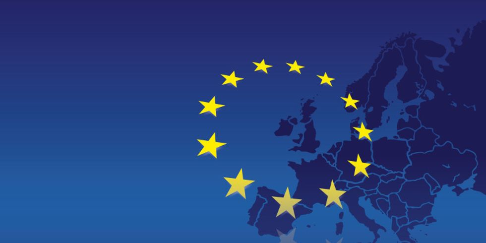 Weltkarte auf der Europa mit den Sternen der Europäischen Union markiert ist