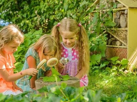 Drei Kinder sitzen in einem Garten mit Lupe in der Hand schauen auf Blätter neben einem Insektenhotel