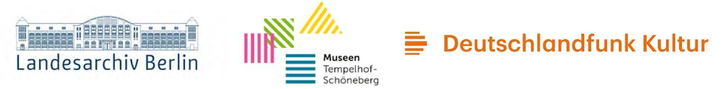 Logos vom Landesarchiv Berlin, vom Museum Tempelhof-Schönmeberg und vom Deutschlandfunk Kultur