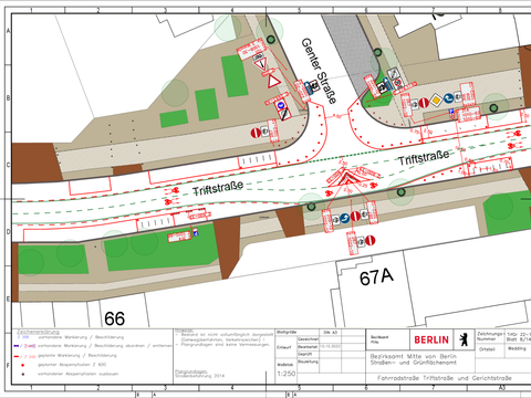Bildvergrößerung: Verkehrszeichenplan für die Fahrradstraße Triftstraße/Gerichtstraße: Bereich Genter Straße