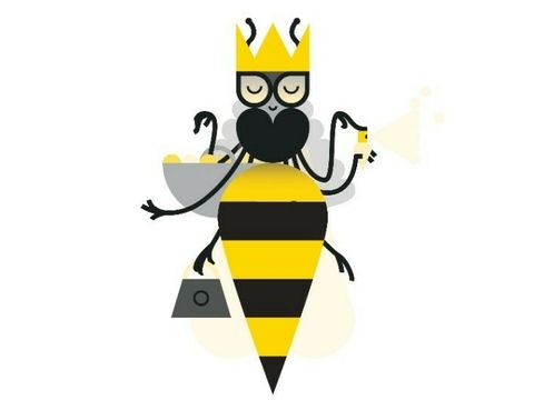 Bildvergrößerung: Grafik von einer Bienen-Königin mit Krone, Handtaschen und Parfüm.