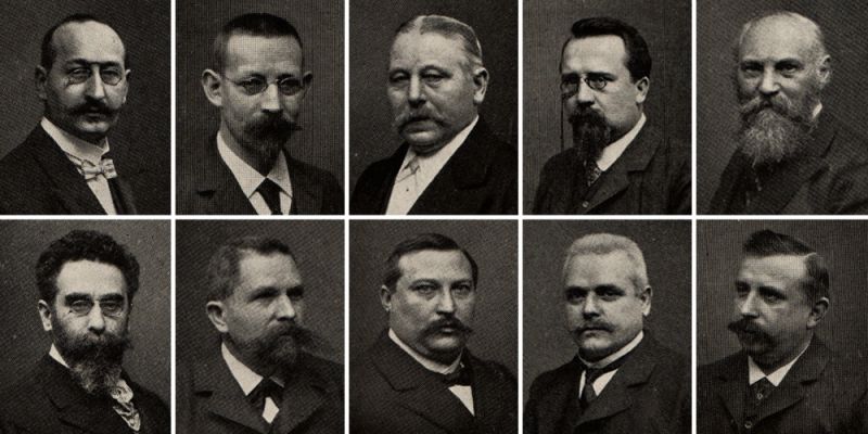 Mitglieder der Stadtverordnetenversammlung Charlottenburg1884 bis 1920, (v. l. o.) Hirsch, Scharnberg, Mickler, Baake, Vogel, Dr. Zepler, Dörre, Liebe, Pasche, Sellin