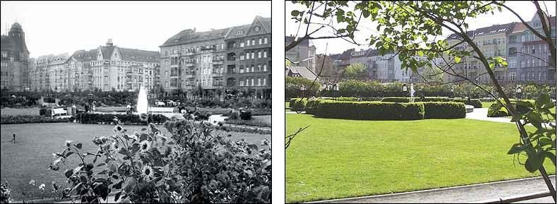 Fotovergleich historisch und heute - Das Zentralrondell auf dem Mierendorffplatz kennzeichnet den Schmuckplatz