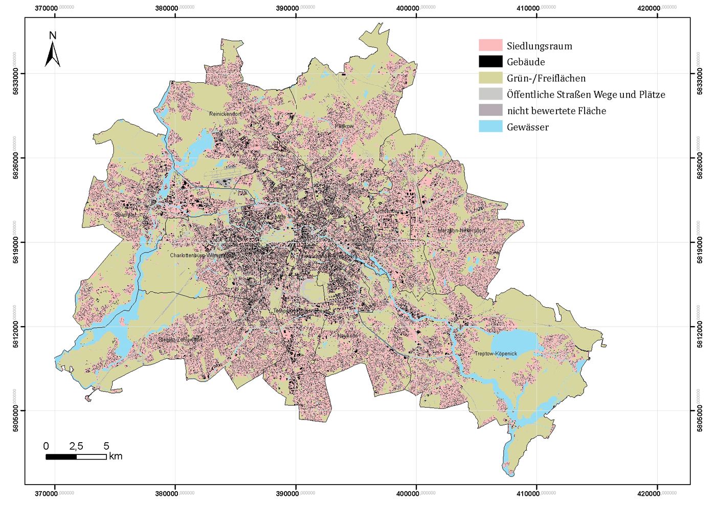 Bildvergrößerung: Gesamtstädtische Verteilung der Raumeinheiten des Klimamodells Berlin auf der Basis der Flächentypen des Informationssystems Stadt und Umwelt (ISU)