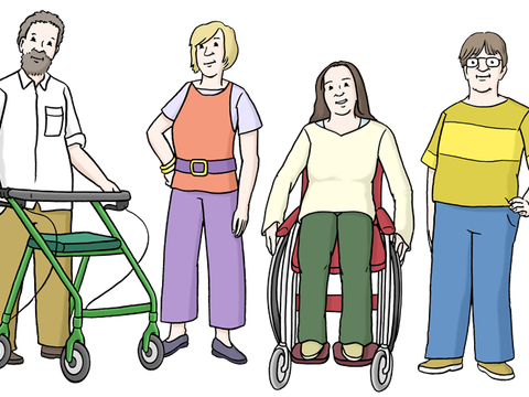 Selbstbewusste Menschengruppe stehend, mit Rollator und Rollstuhl