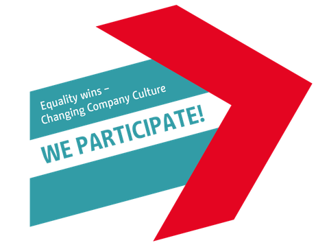 Campaign "Equality wins" arrow logo quoting "We participate!"