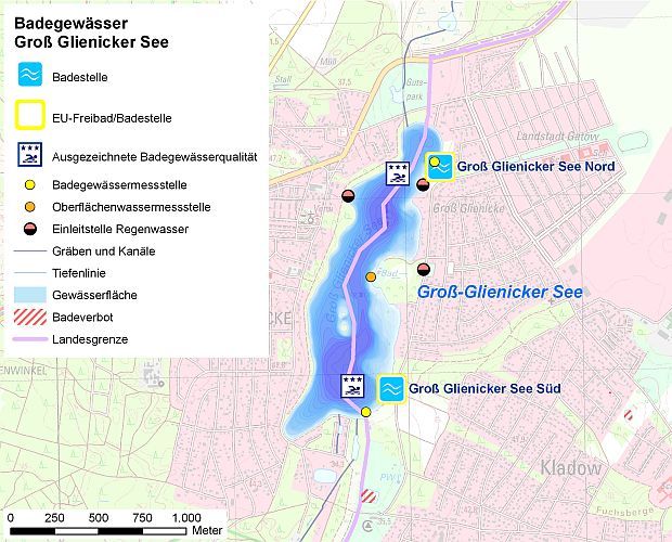 Abb. 1: Übersicht des Badegewässers Groß Glienicker See mit EU-Badestellen, Probenahmestellen und Einleitstellen. 