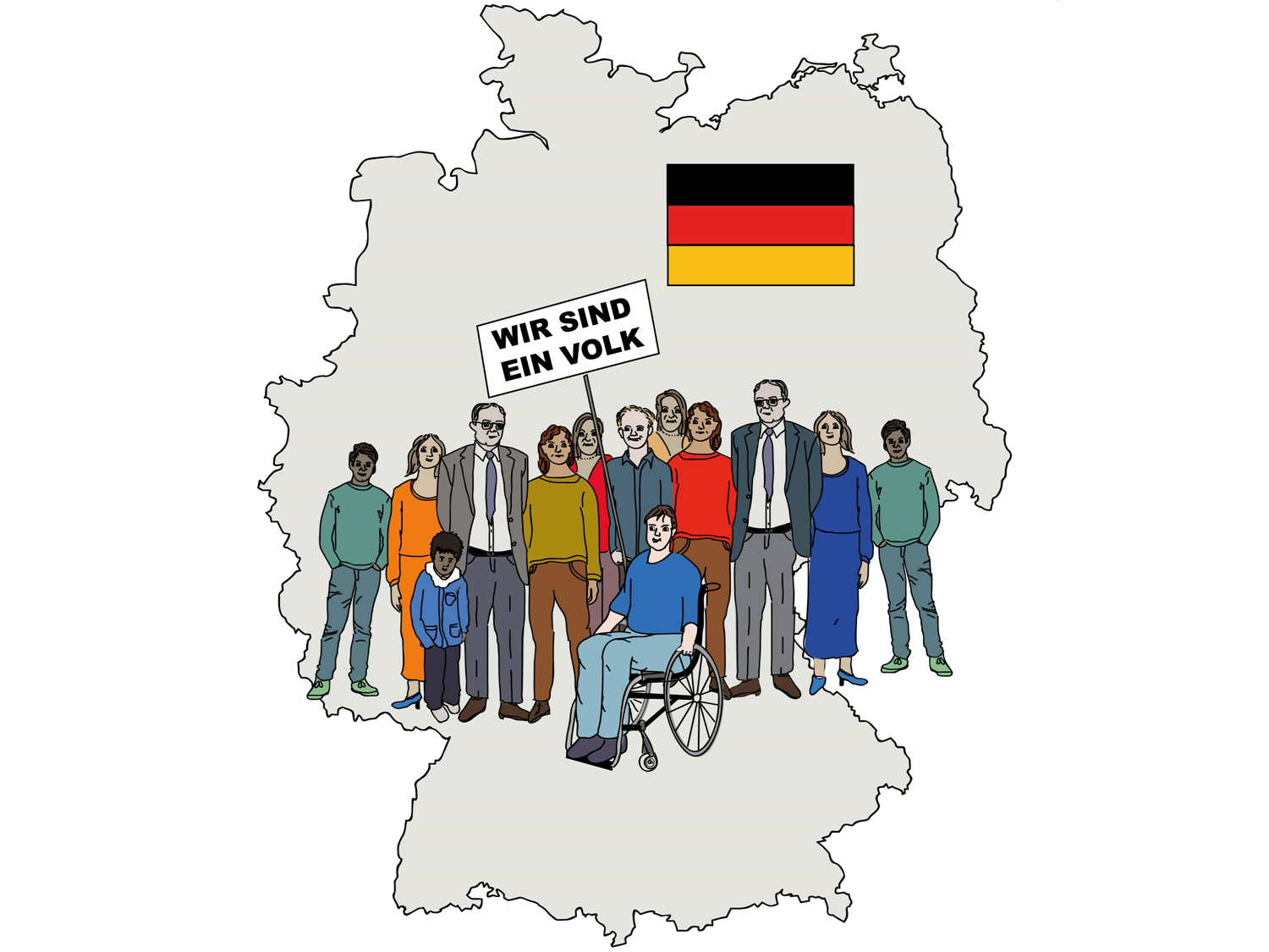Gruppe von Menschen mit einem Schild "Wir sind ein Volk" vor einer Deutschlandkarte 