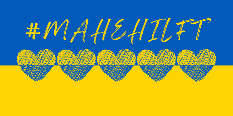 Ukrainische Flagge mit der Aufschrift MAHEHILFT