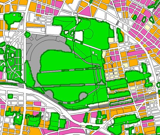Grünflächenaggregierung am Beispiel des Flughafens Tempelhof und mit ihm funktional verbundener Bereiche. Die hellgrüne Linie zeichnet den Umriss der Grünflächeneinheit nach.