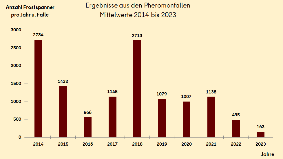 Auftreten des Frostspanners im Stadtgebiet Berlin in Pheromonfallen, 2014 bis 2023