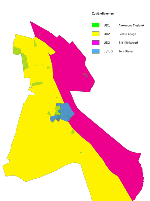 Karte von Neukölln auf der die zuständigen Sachbearbeitungen farblich markiert, westlich der Karl-Marx-Straße und ihrer Verlängerung ist Frau Lange zuständig; zwischen Karl-Marx-Straße und Sonnenalle ist bis zum Teltowkanal Frau Kohlenbach zuständig; östlich der Sonnenallee und östlich der Buschkrugallee ist Frau Gebhardt zuständig 